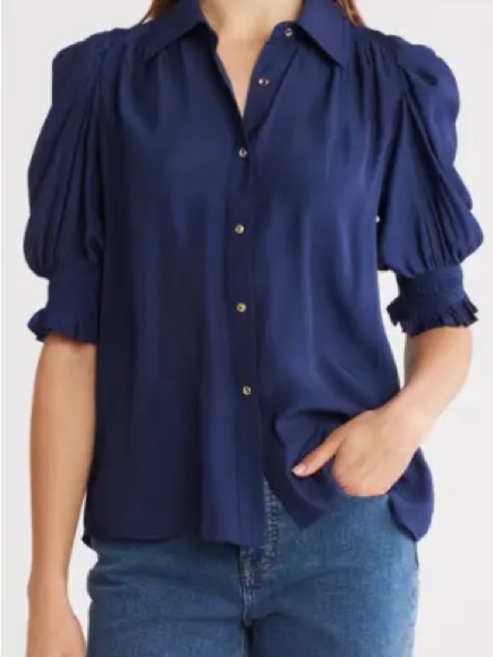 Ramy Brook Navy Puff-Sleeve Button-Down Blouse
